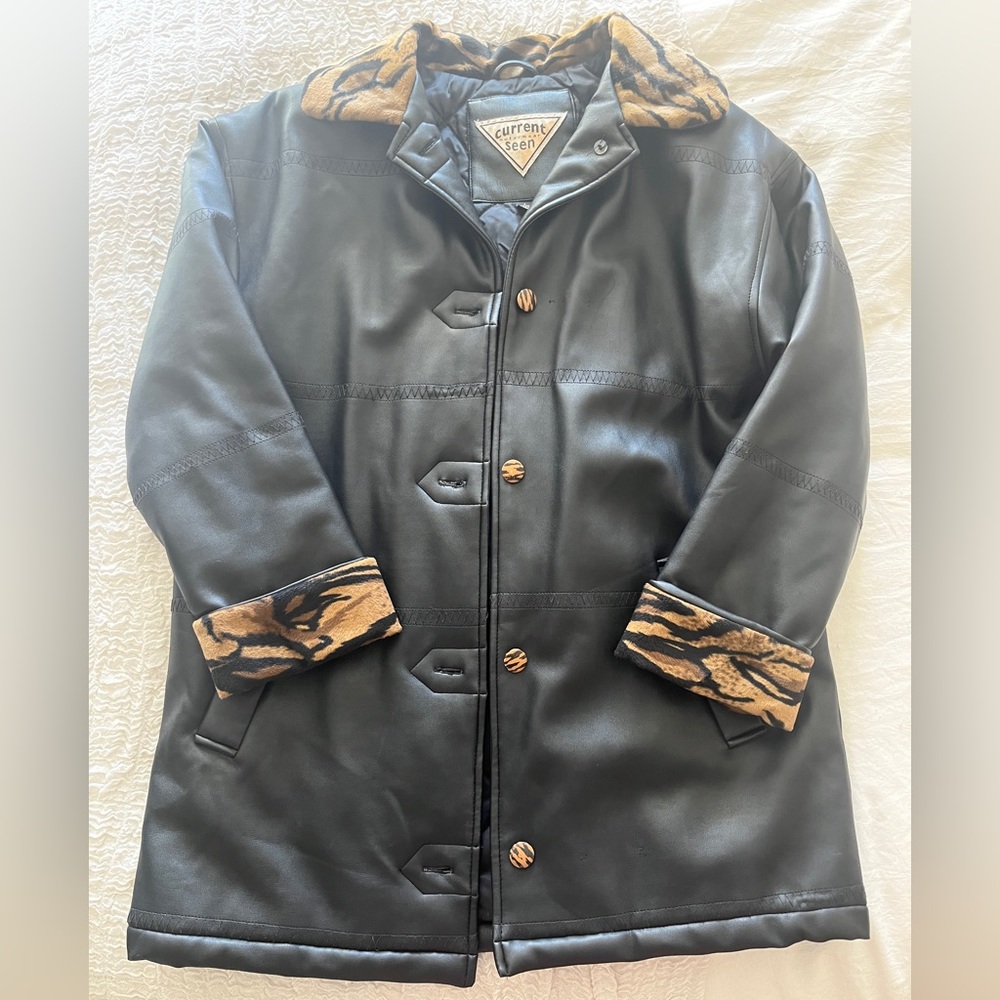 Vintage Current Seen Black Leather/Leopard Trench Overcoat